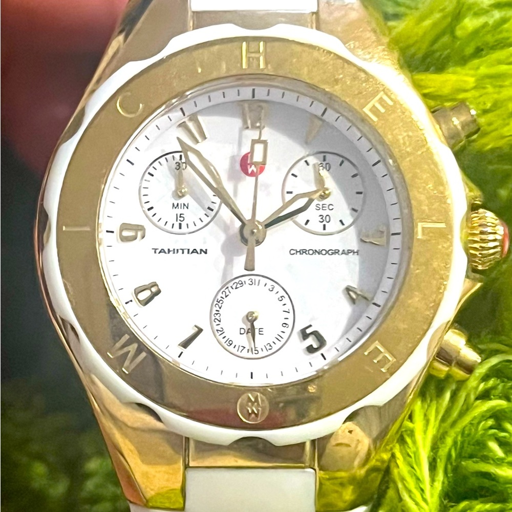 Gold-tone stainless steel 35mm Michele Tahitian Jelly Bean chronograph watch